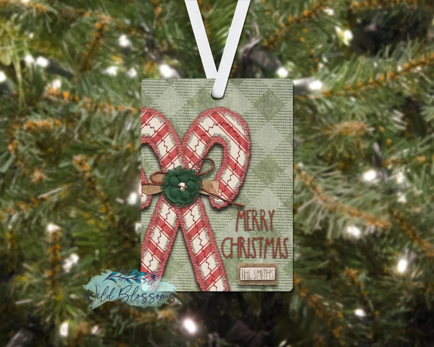 Stitched Candy Cane Merry Christmas Plaid Personalized Ornament