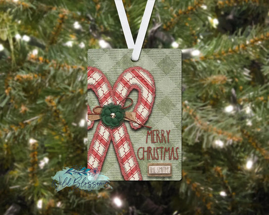 Stitched Candy Cane Merry Christmas Plaid Personalized Ornament