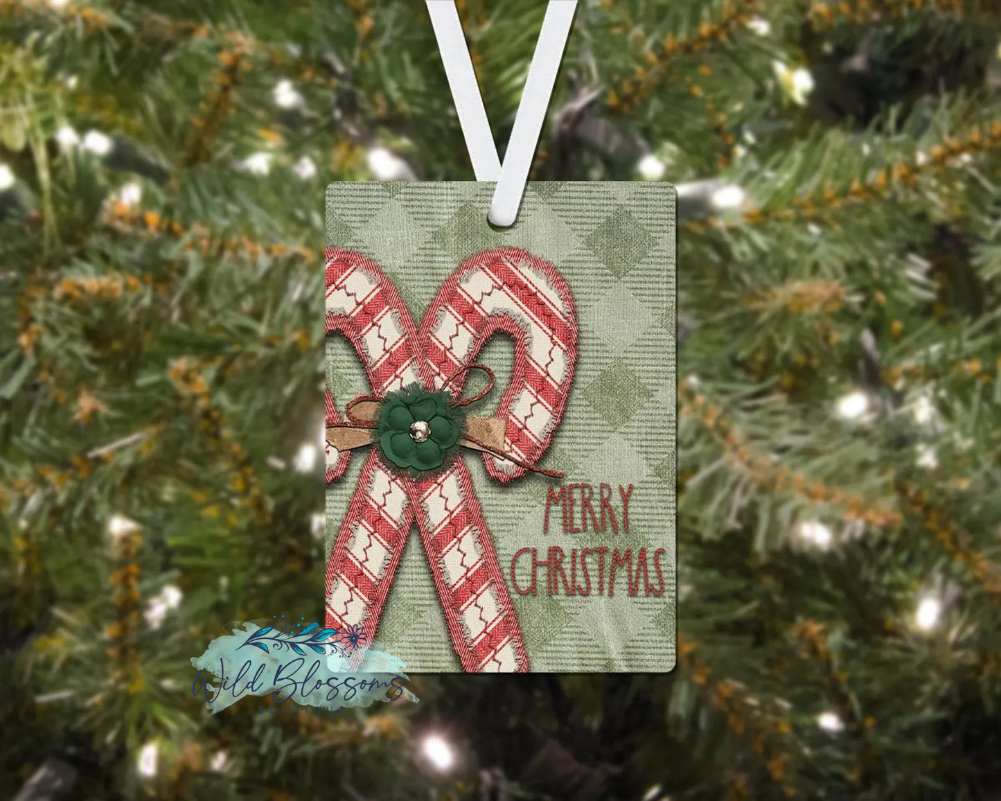 Stitched Candy Cane Merry Christmas Plaid Personalized Ornament