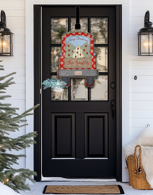 Stitched Christmas Truck Personalized Door Hanger