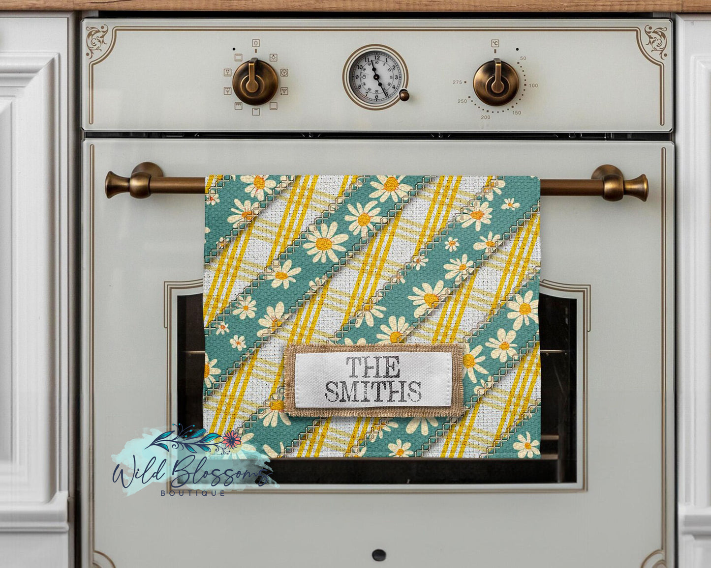 Stitched Gingham and Daisy Floral Personalized Kitchen Towel