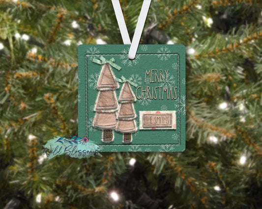 Stitched Pink Christmas Tree Personalized Square Ornament