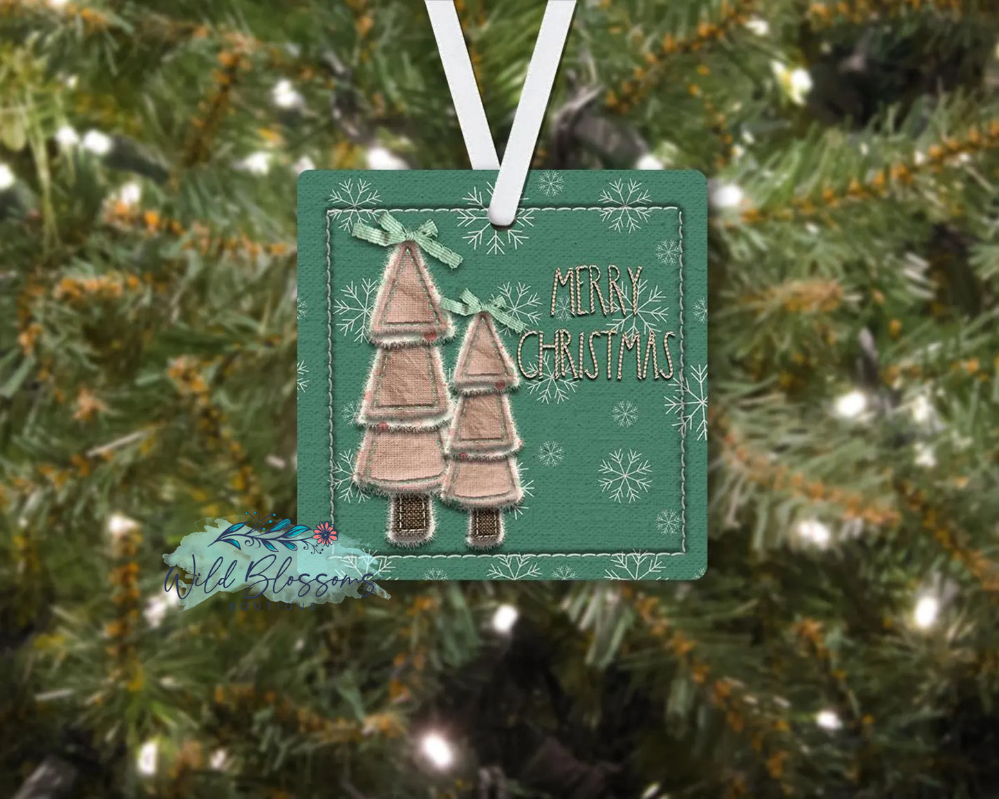 Stitched Pink Christmas Tree Personalized Square Ornament