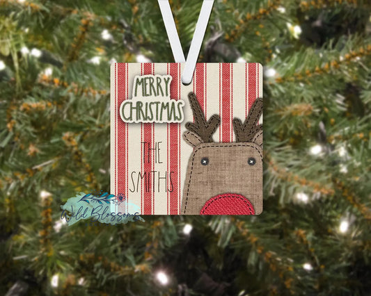 Stitched Reindeer Merry Christmas Personalized Square Ornament