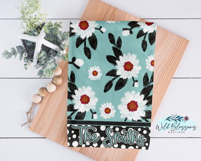 Teal Floral Polka Dot Personalized Kitchen Towel