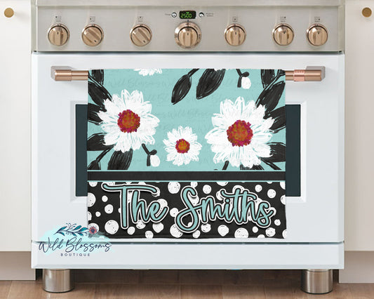 Teal Floral Polka Dot Personalized Kitchen Towel