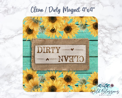 Teal Wooden Sunflower And Burlap Clean / Dirty Dishwasher Magnet