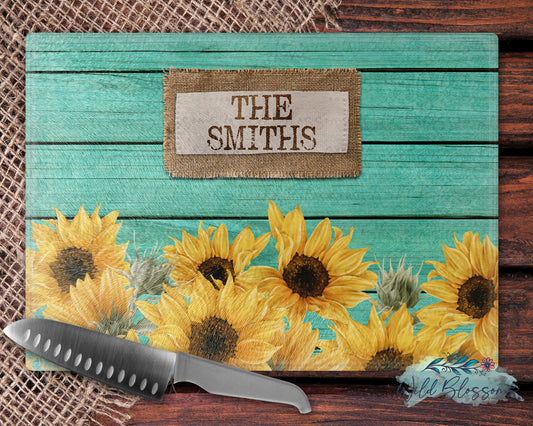 Teal Wooden Sunflower And Burlap Personalized Glass Cutting Board