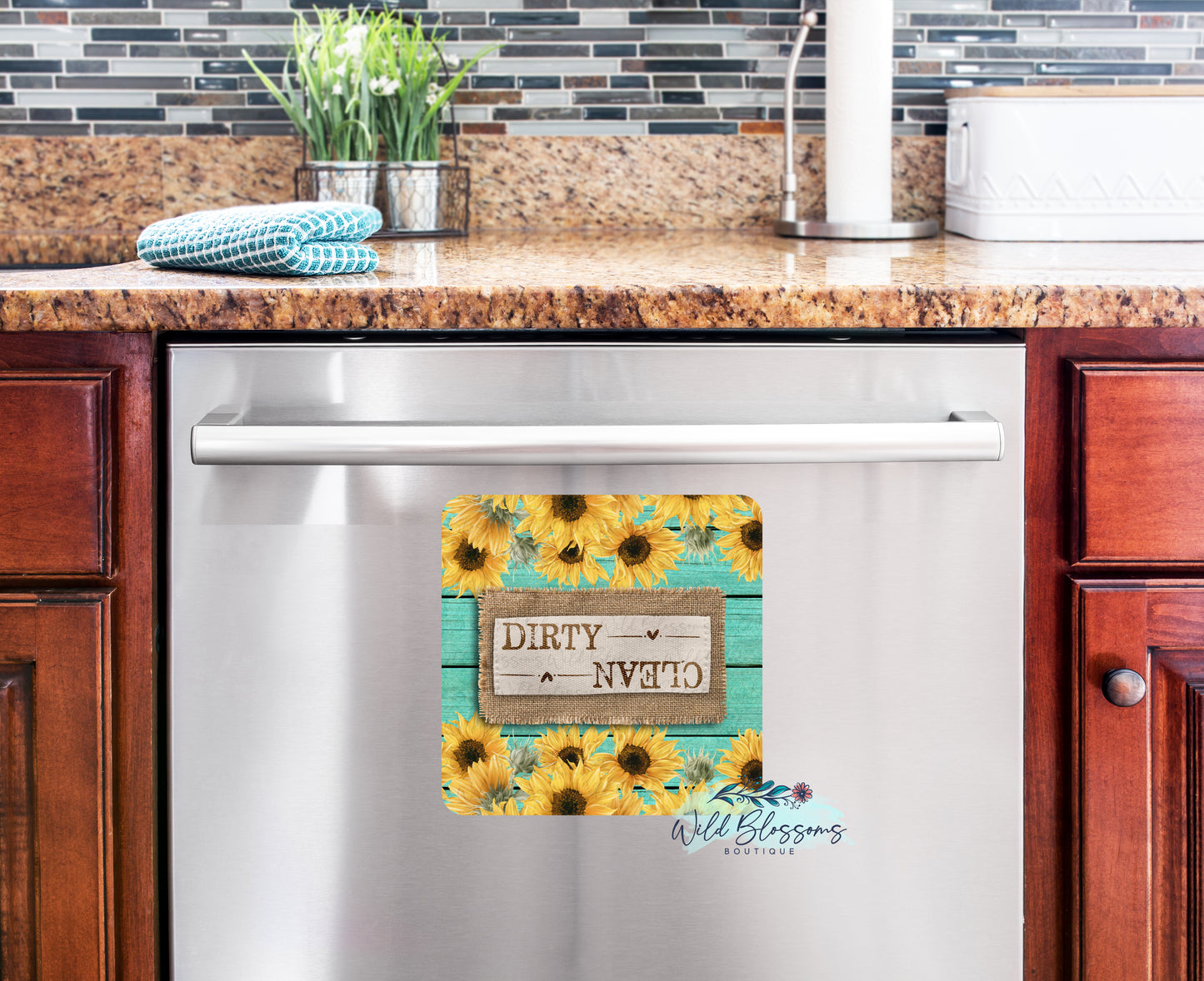 Teal Wooden Sunflower And Burlap Clean / Dirty Dishwasher Magnet