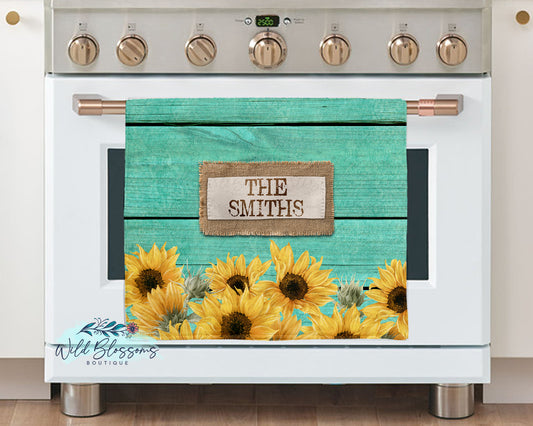 Teal Wooden Sunflower And Burlap Personalized Kitchen Towel