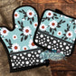 Teal Floral Polka Dot Personalized Pot Holder And Oven Mitt