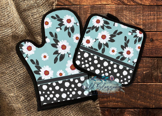 Teal Floral Polka Dot Personalized Pot Holder And Oven Mitt