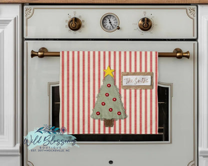 Rustic Stitched Christmas Tree Grain Sack Personalized Pot Holder And Oven Mitt