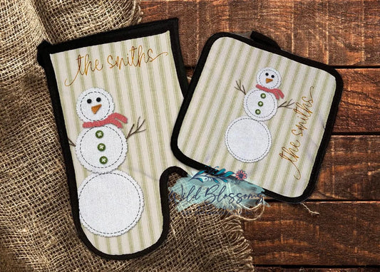 Rustic Stitched Snowman Grain Sack Personalized Pot Holder And Oven Mitt
