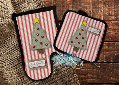Rustic Stitched Christmas Tree Grain Sack Personalized Pot Holder And Oven Mitt