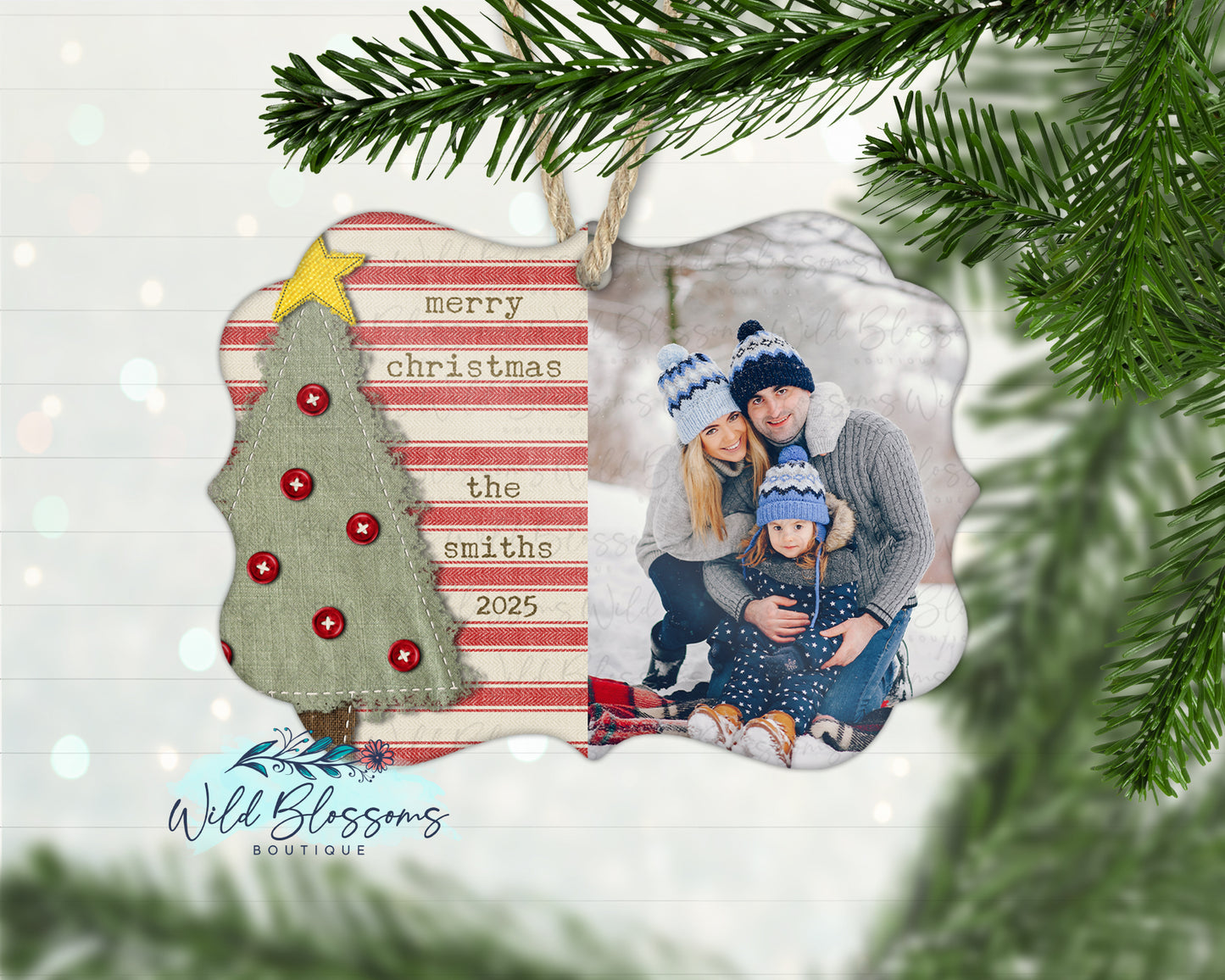 Ticking Fabric Christmas Tree Personalized Photo Ornament