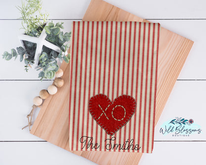 Valentine's Day Grain Sack Ticking Fabric Heart Personalized Kitchen Towel