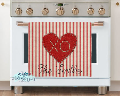Valentine's Day Grain Sack Ticking Fabric Heart Personalized Kitchen Towel