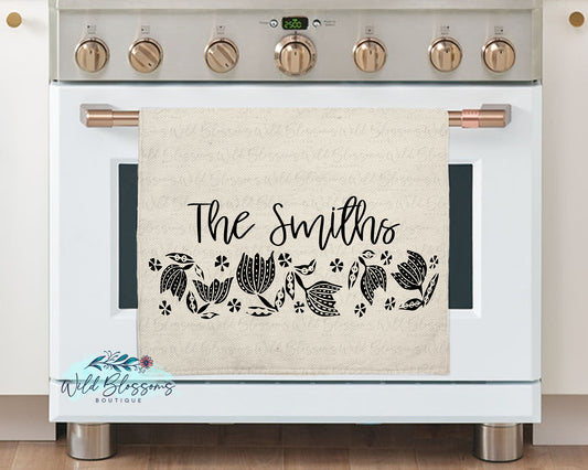 Vintage Black Tulip Personalized Kitchen Towel