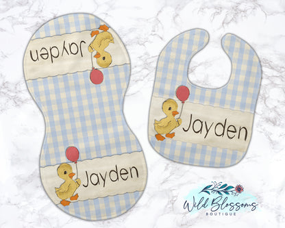 Vintage Duck Blue Gingham Personalized Baby Bib And Burp Cloth Set