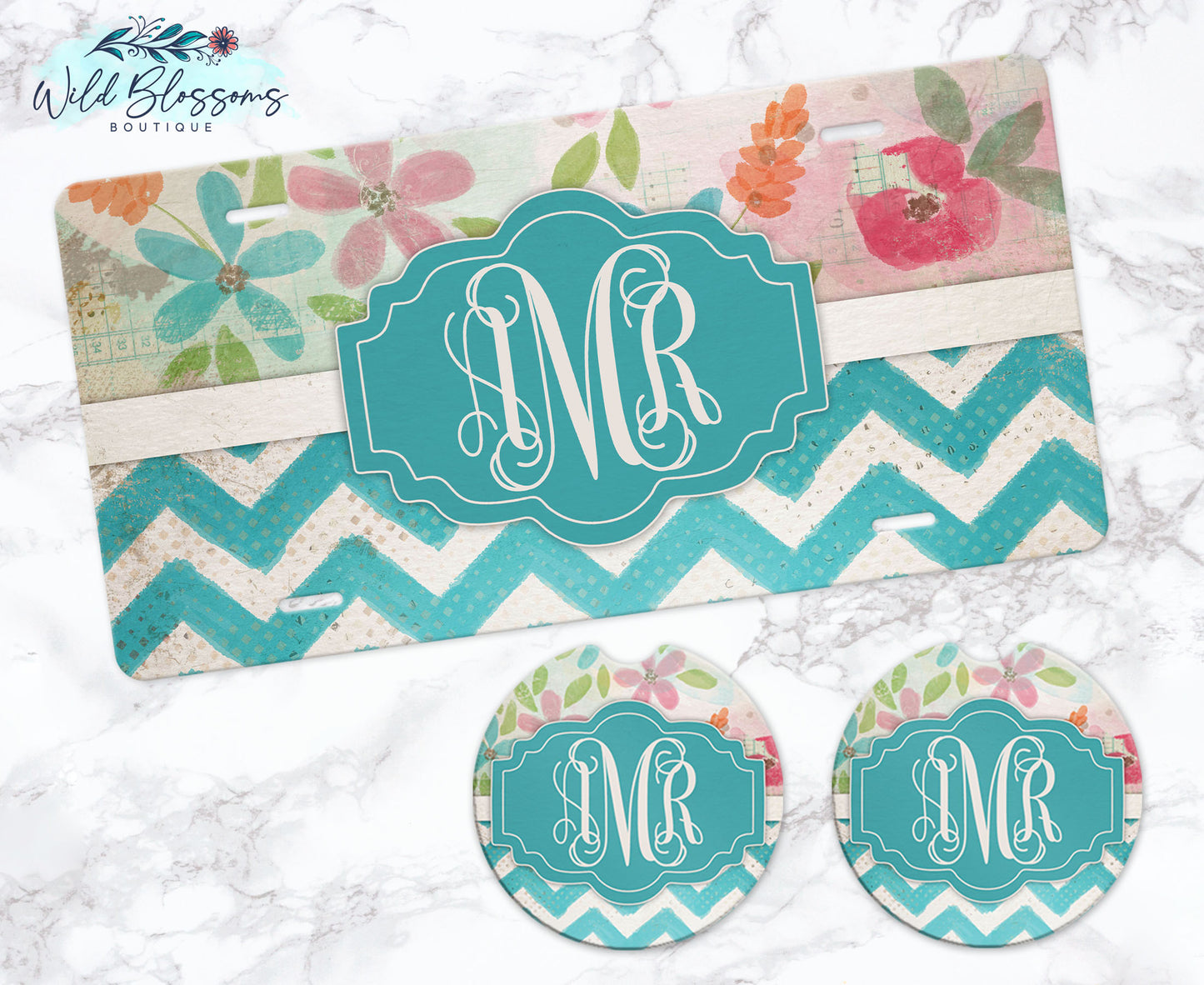 Vintage Floral and Teal Chevron Personalized Car Coasters