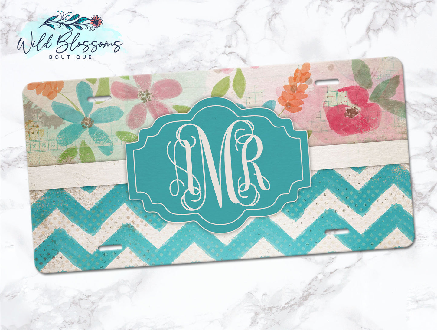 Vintage Floral and Teal Chevron Personalized License Plate