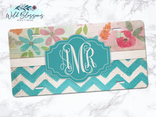 Vintage Floral and Teal Chevron Personalized License Plate