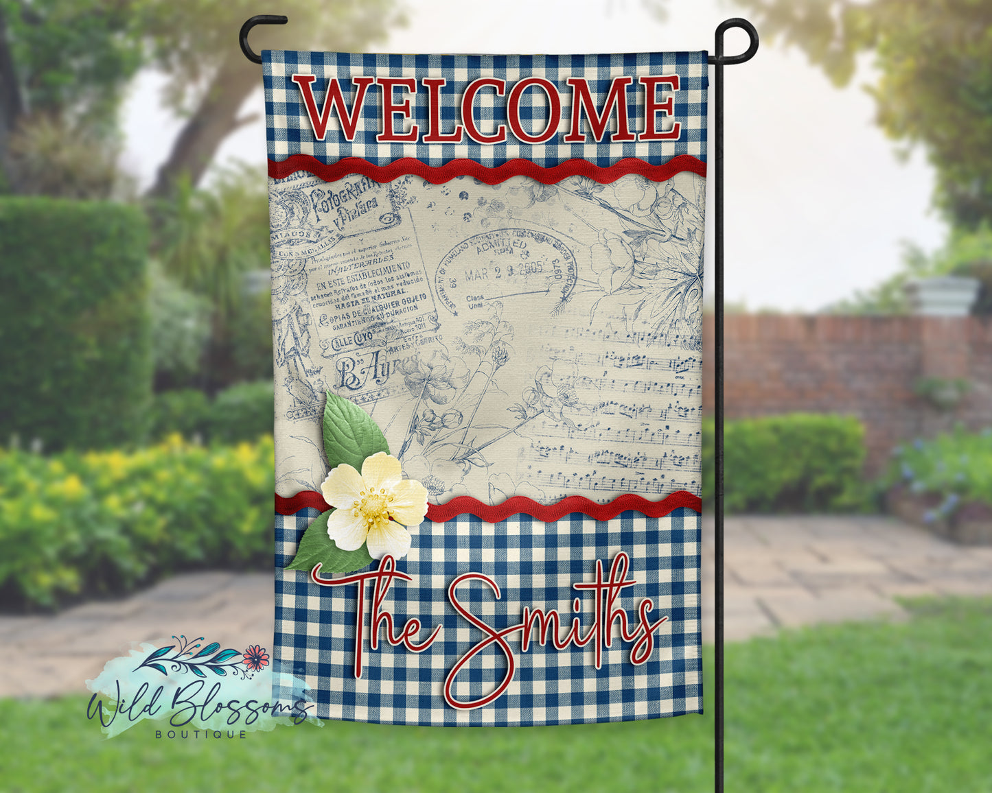 Vintage Navy Buffalo Plaid Patriotic Personalized Garden Flag