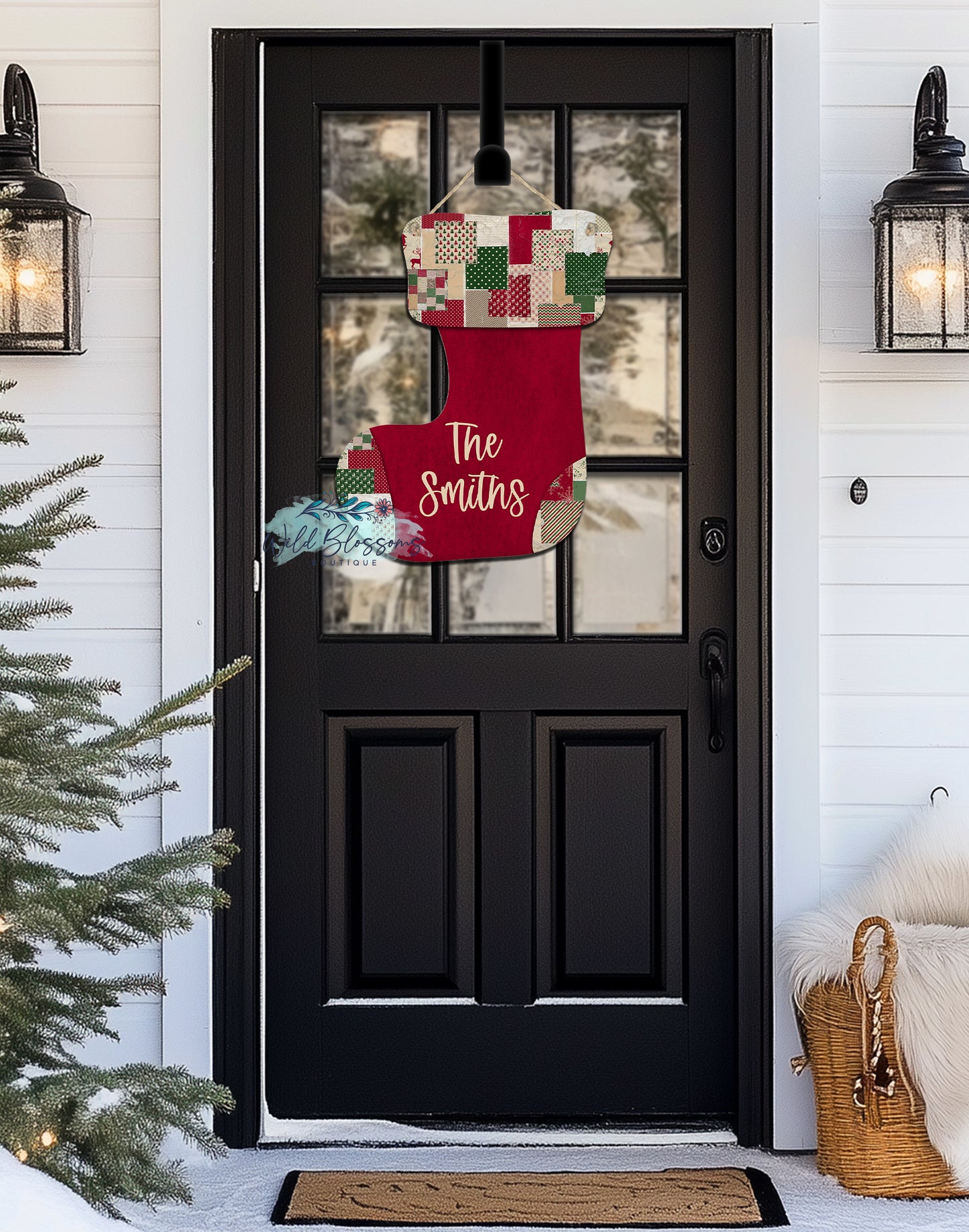 Vintage Patchwork Personalized Christmas Stocking Door Hanger