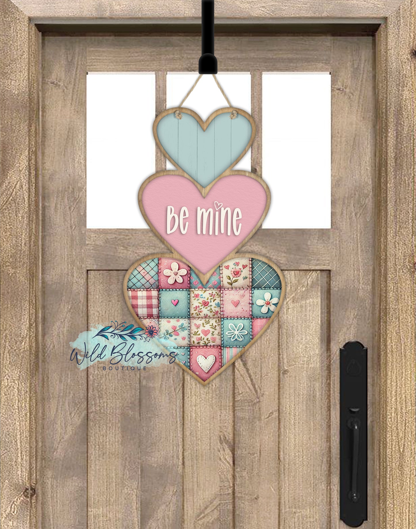 Vintage Patchwork Valentine's Day Stacked Hearts Personalized Door Hanger