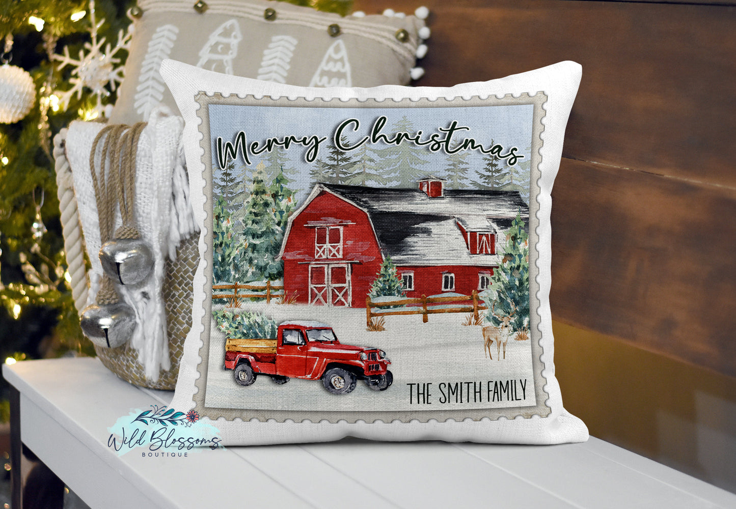 Vintage Red Truck and Barn Merry Christmas Postage Stamp Personalized Pillow Cover