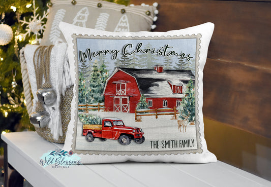 Vintage Red Truck and Barn Merry Christmas Postage Stamp Personalized Pillow Cover
