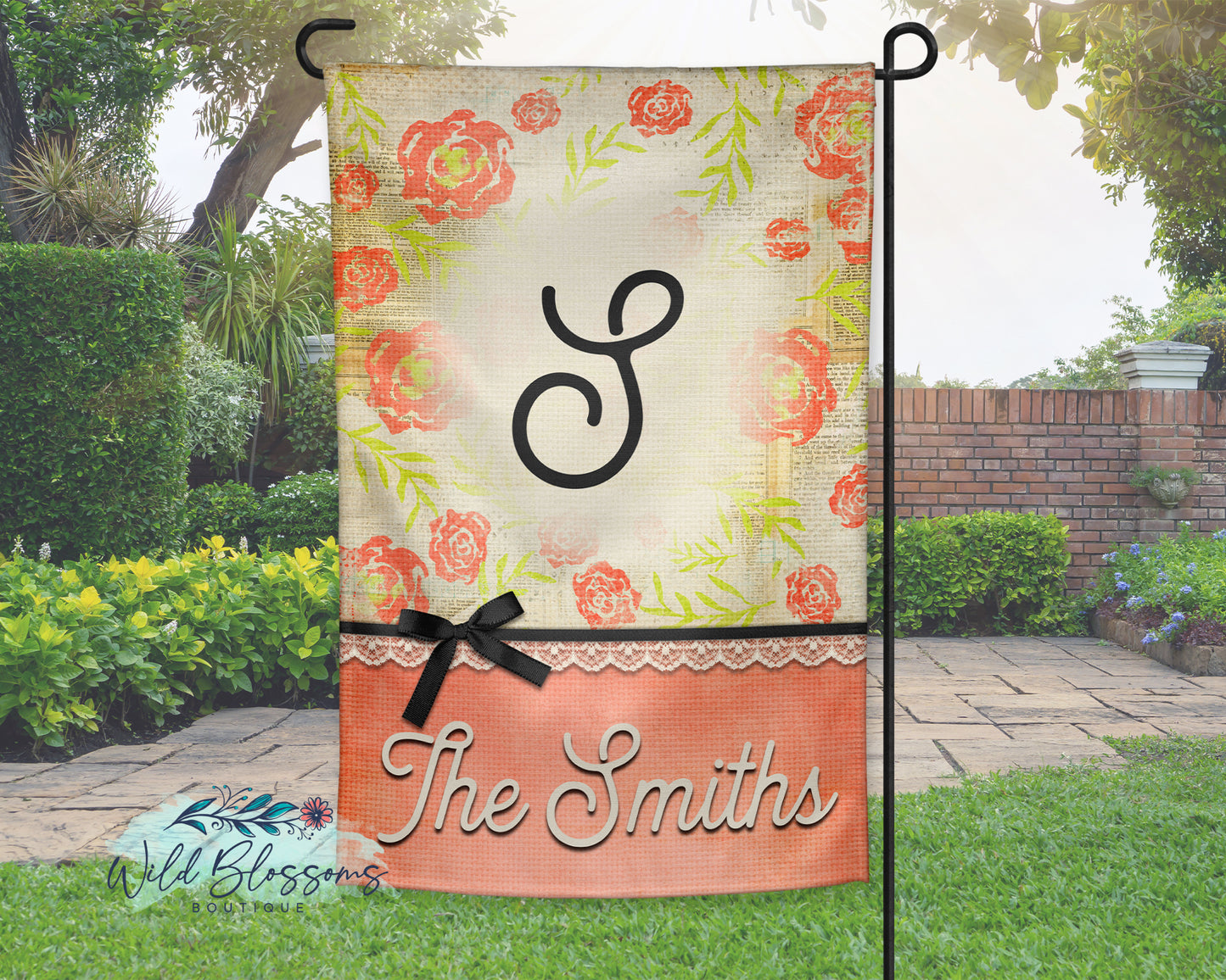Vintage Rose Personalized Garden Flag