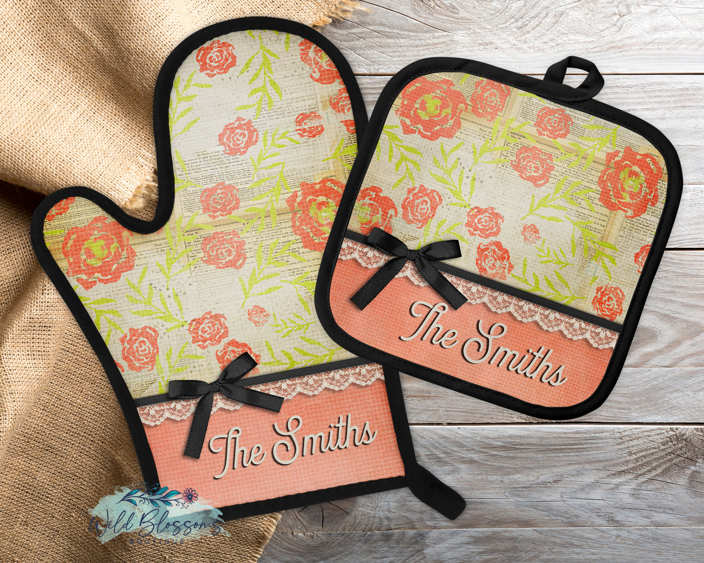 Vintage Rose Personalized Pot Holder And Oven Mitt