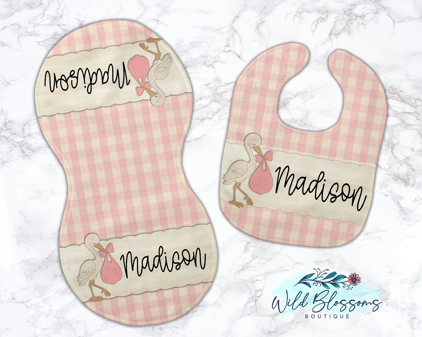 Vintage Stork Pink Gingham Personalized Baby Bib And Burp Cloth Set