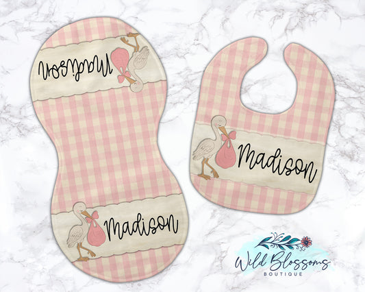 Vintage Stork Pink Gingham Personalized Baby Bib And Burp Cloth Set