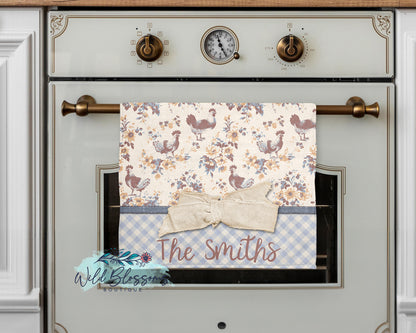 Vintage Floral Rooster Bow Personalized Kitchen Towel