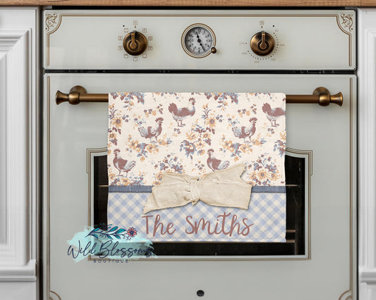 Vintage Floral Rooster Bow Personalized Kitchen Towel