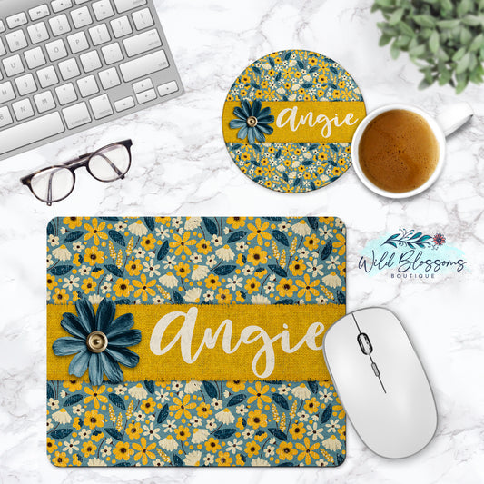Vintage Mustard Daisy Personalized Mouse Pad & Coaster Desk Set