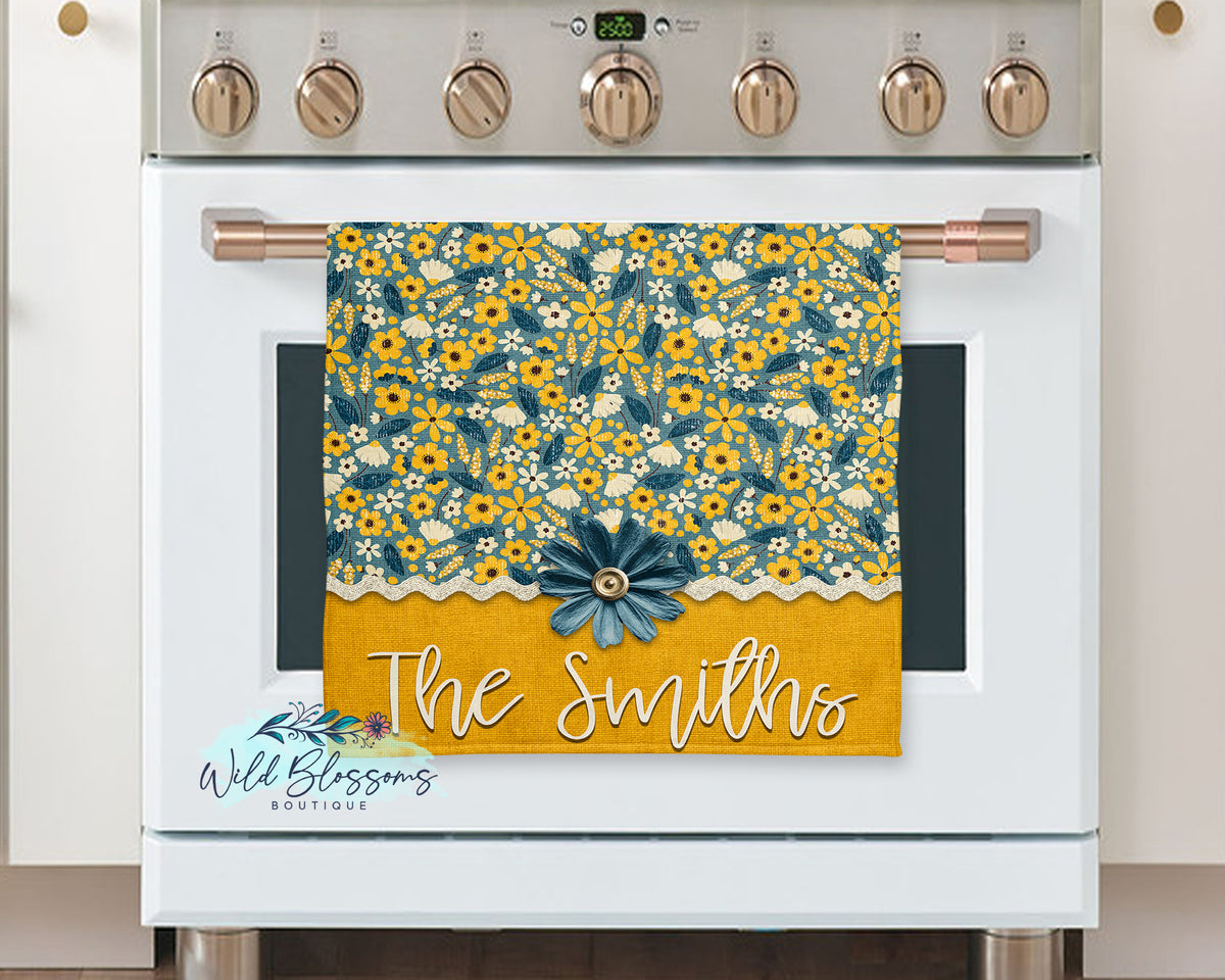 Vintage Mustard Daisy Personalized Kitchen Towel
