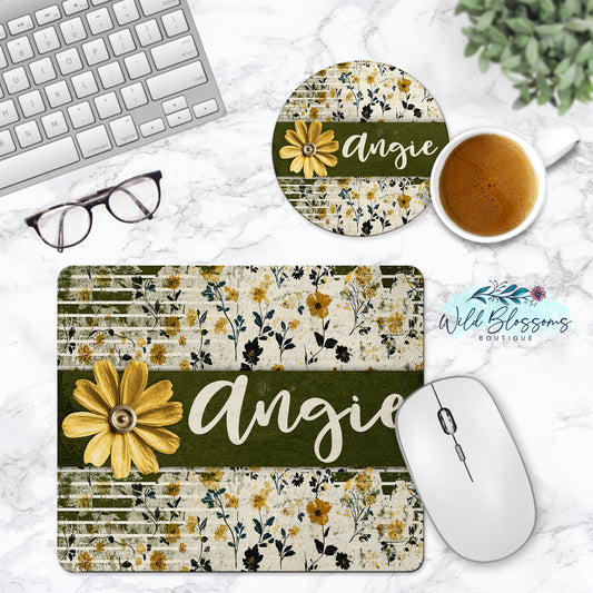 Vintage Olive Blossom Personalized Mouse Pad & Coaster Desk Set