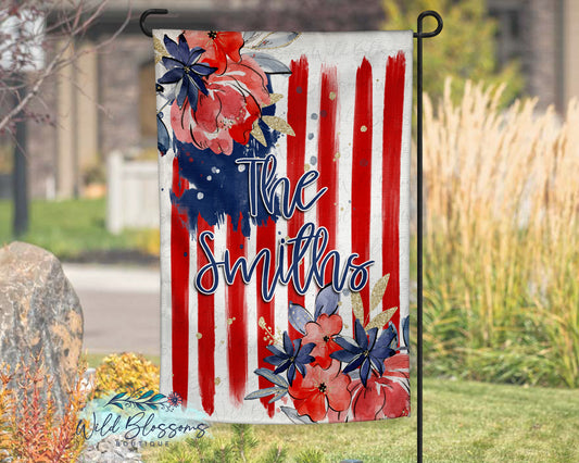 Watercolor Patriotic Floral Personalized Garden Flag