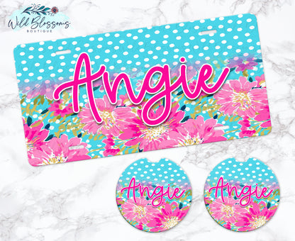 Hot Pink Floral And Aqua Polka Dot Personalized Car Coasters