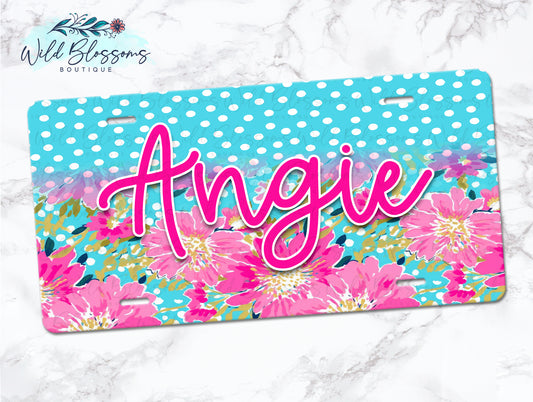 Hot Pink Floral And Aqua Polka Dot Personalized License Plate