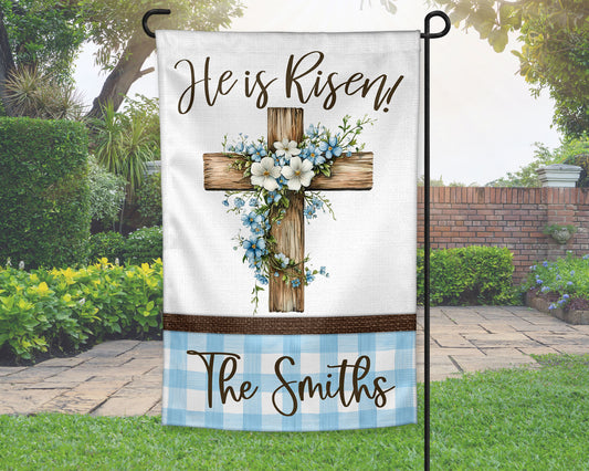 Personalized Wooden Blue and White Gingham and Floral Easter Cross Garden Flag