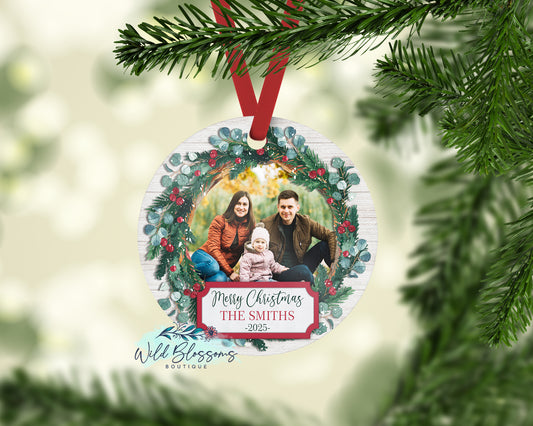 Wooden Christmas Floral Wreath Personalized Photo Ornament