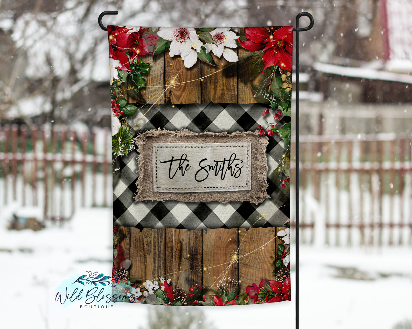 Wooden Floral Poinsettia Buffalo Plaid Christmas Personalized Garden Flag