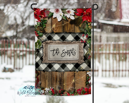 Wooden Floral Poinsettia Buffalo Plaid Christmas Personalized Garden Flag