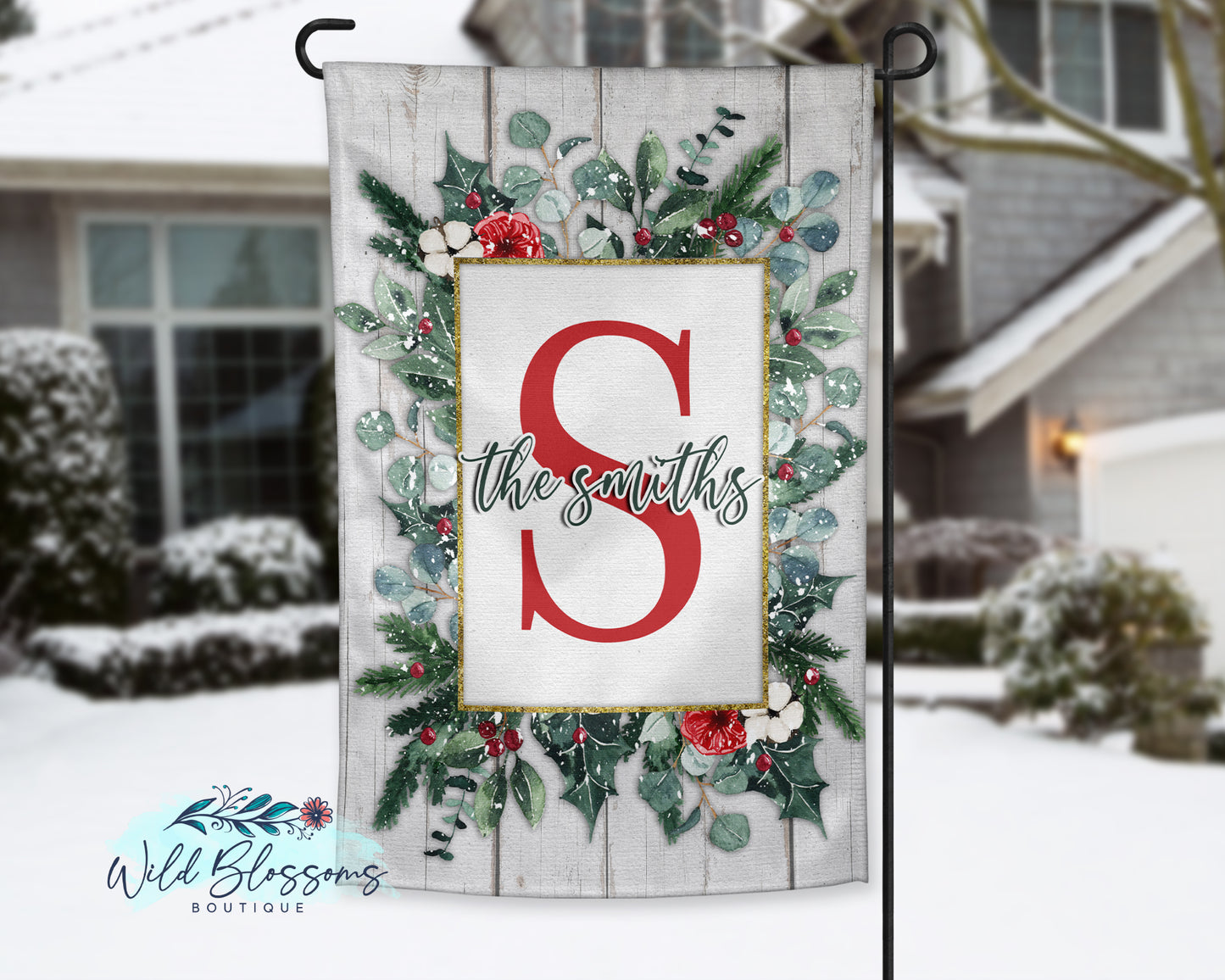 Wooden Floral Winter Frame Christmas Personalized Garden Flag