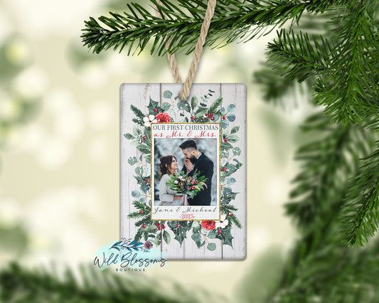 Our First Christmas as Mr. and Mrs. Wooden Floral Winter Frame Personalized Photo Ornament